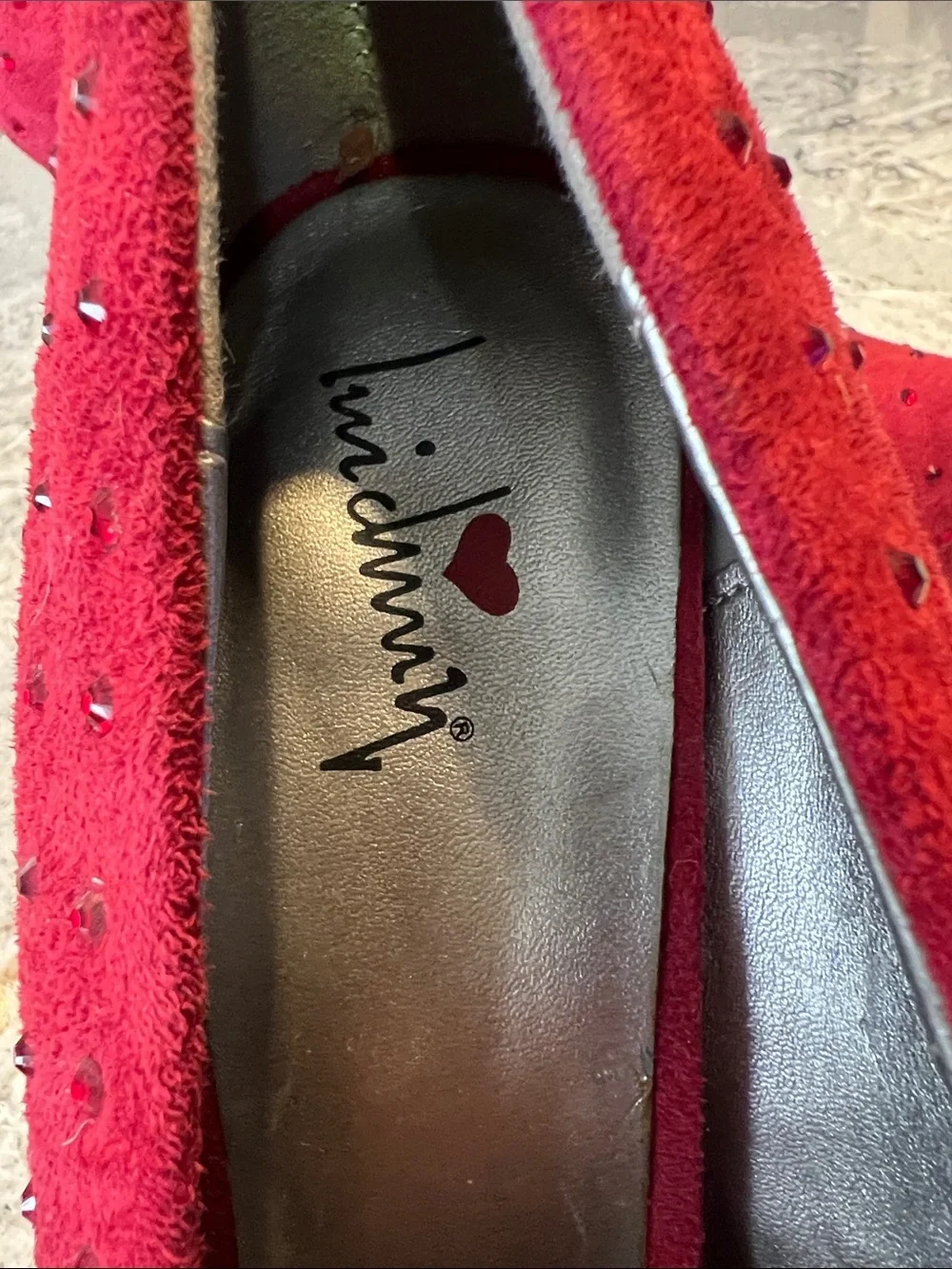 Luichiny Red Suede Rhinestone Studded Platform Stiletto Pumps EUC Size 9